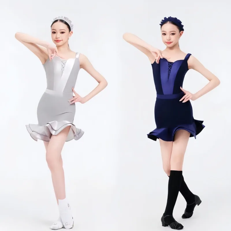 

Customized Girls' Latin Dance Dress Suspender Bright Satin High-end Feeling Practice Clothes Line Dance Suit Bodysuit Skirt Set