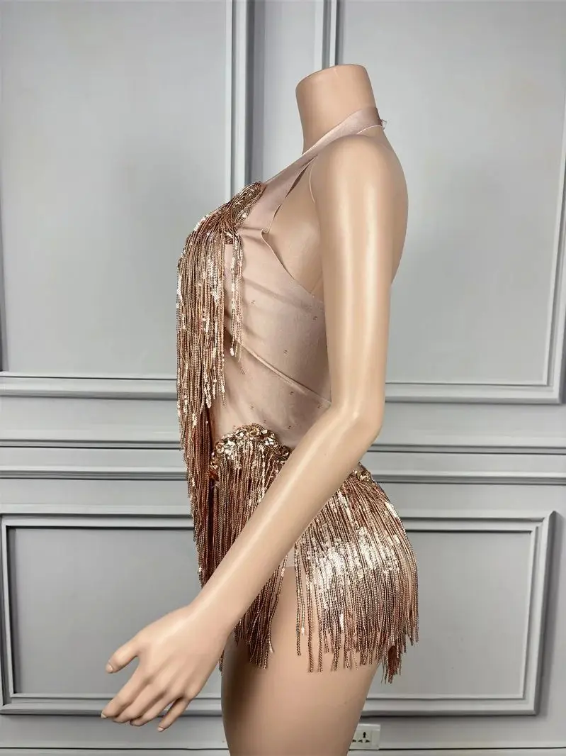 Strass-Pailletten-Quasten-Leotard Damen Nachtclub-Outfit Sängerin Tänzerin Kostüm Bühnenkleidung Sexy Geburtstags-Fotoshooting Bodysuit – Detail 6