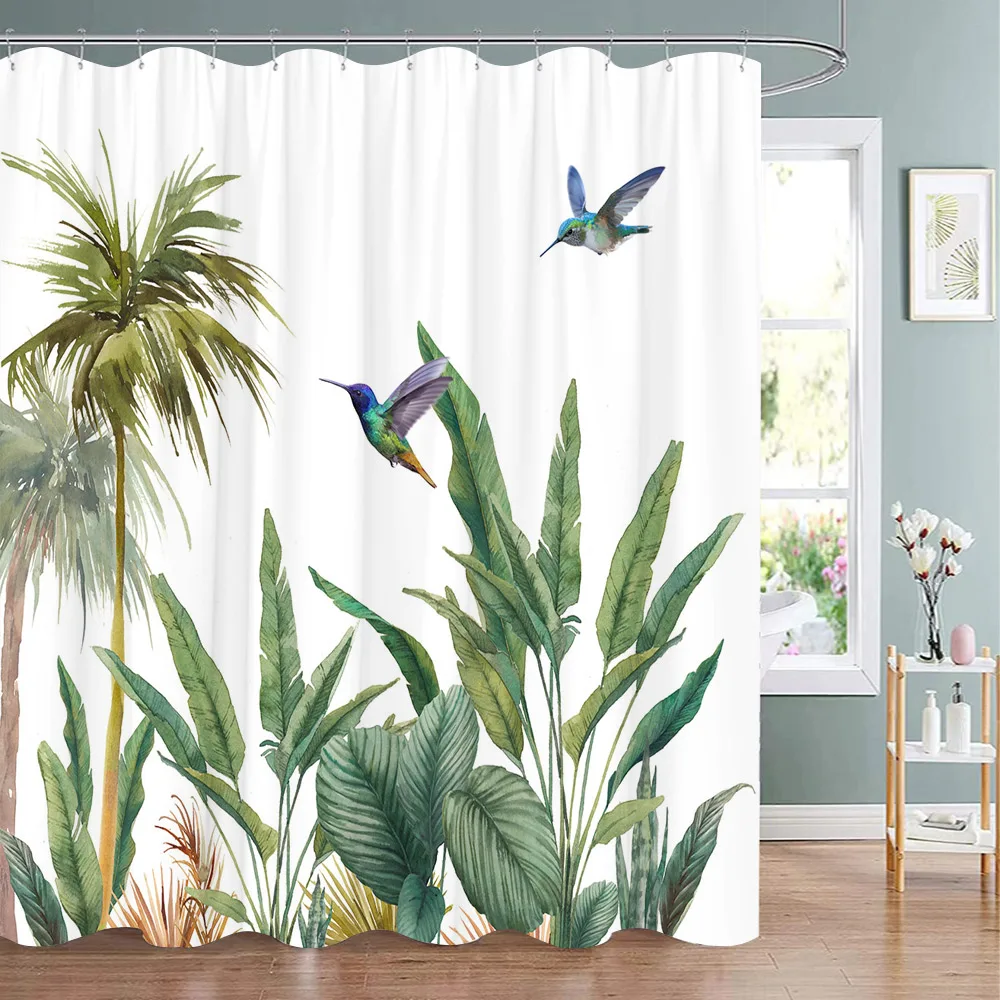 Tropical Greenery Floral Shower Curtain Hummingbird Butterfly Leaf Polyester Fabric Washable Shower Curtains Bathroom Decoration