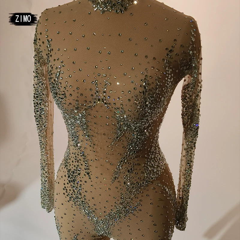 Luxury Full Rhinestone Sexy Mesh See-through Jumpsuit women Men Stage Show Costume Birthday Party Nightclub Rave Festival Outfit