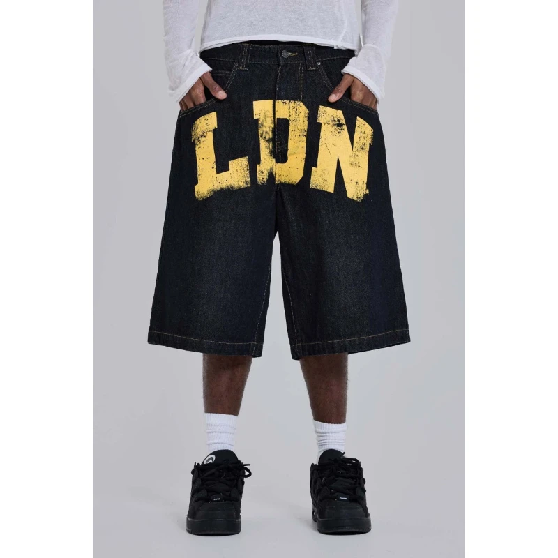 HOUZHOU Vintage Letter Print Jorts Women Black Gothic Y2k Baggy Denim Jorts Retro Hip Hop Grunge Wide Leg Short Jeans Streetwear