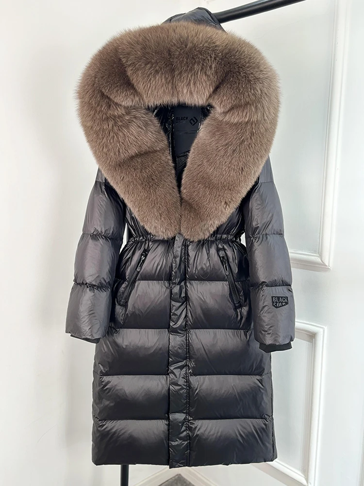 Janveny Thick Glossy Long Puffer Jacket Women Real Fox Fur Hooded 2026 Winter 90% Duck Down Coat Waterproof Female Warm Parkas