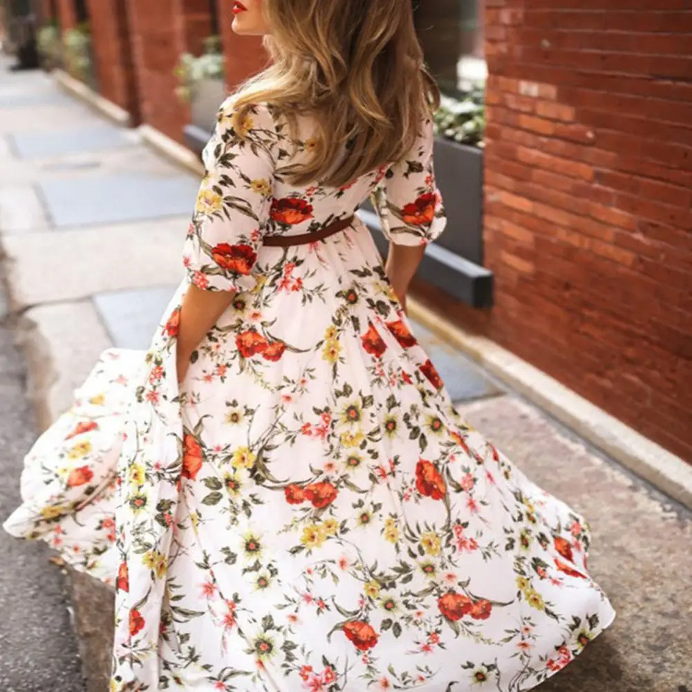 Floral Long Dress Women Printed Chiffon Dress Elegant Floral Maxi Dress for Women A-line Silhouette High Waist Design for Spring