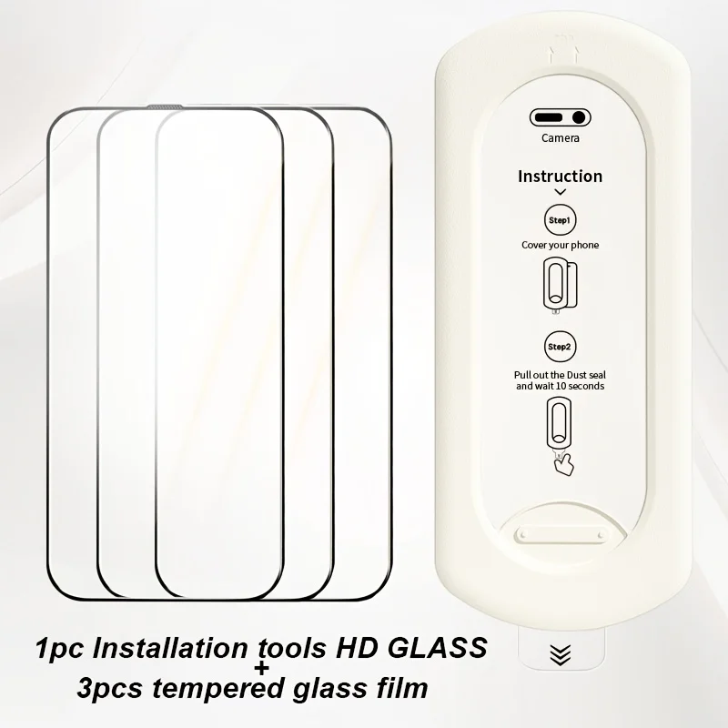 Screen Protector For iPhone17 ProMax 16pro 13 14 15 Full Coverage HD 3pcs HD tempered glass film + Installation tools (reusable)