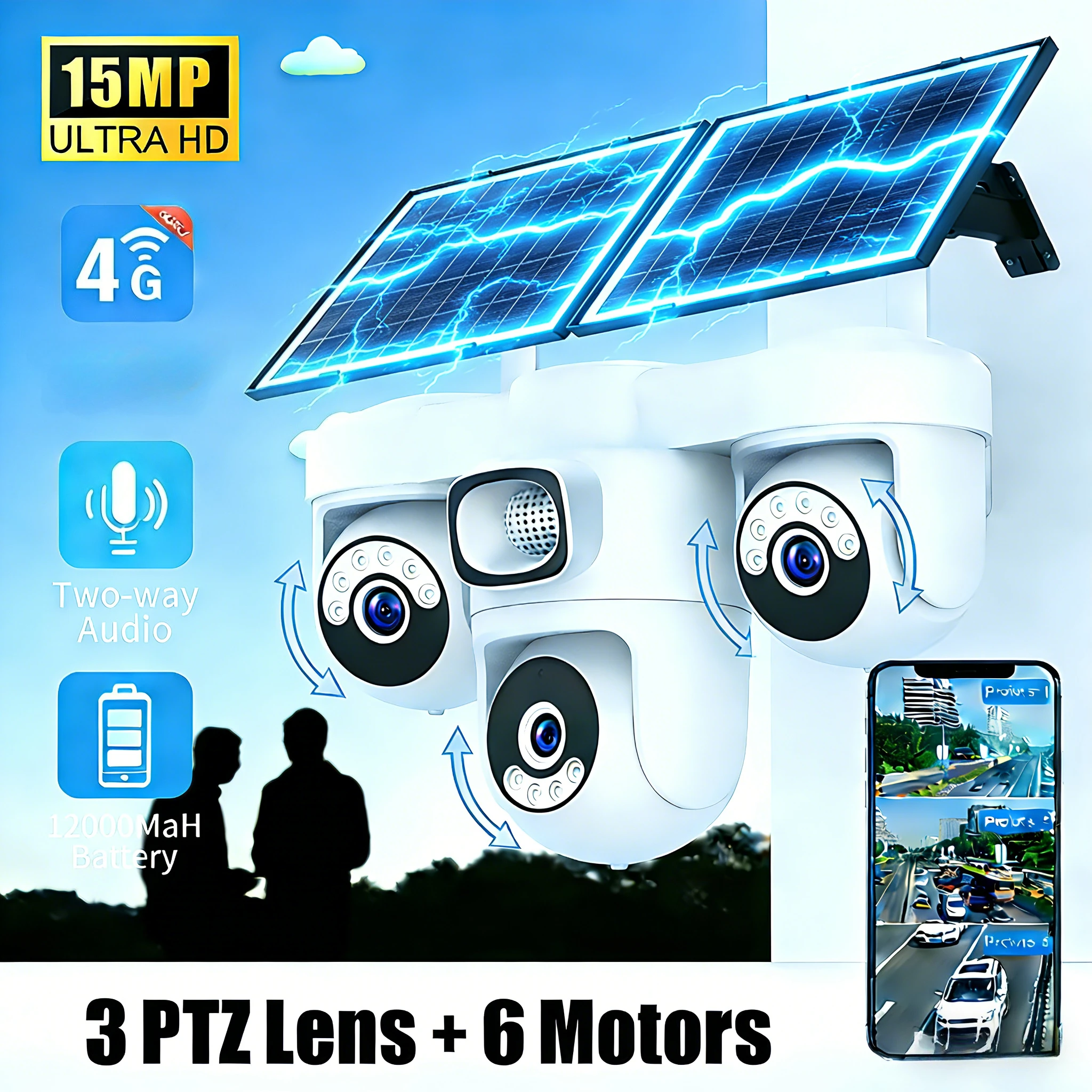 Cámara Solar AOV 8K 15MP con Tarjeta SIM 4G, CCTV Solar, Pantalla Triple, Seguimiento IA, Nueva, 6 Motores, 3 Pantallas PTZ, 360° ° Cámara IP Solar Inalámbrica