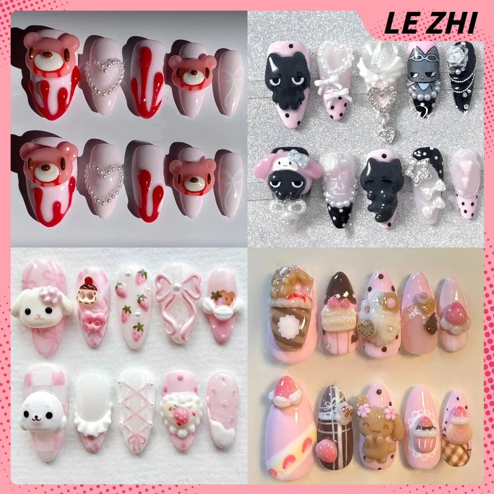 Uñas Postizas 3D Kawaii Talladas a Mano con Diseño de Rilakkuma, Animales de Dibujos Animados (Conejo, Mono, Gato) y Fresas Dulces, Regalo de Uñas Postizas