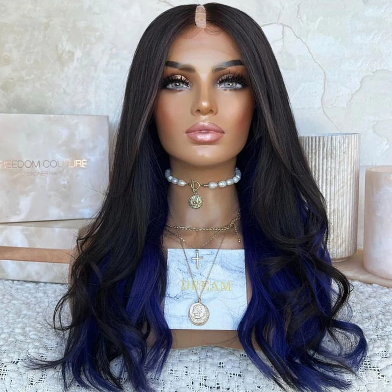 Top Quality Ombre Dark Blue Black V Part Wig 100% Human Hair Glueless Body Wave U Shape Wig Full Machine Made 250% Density