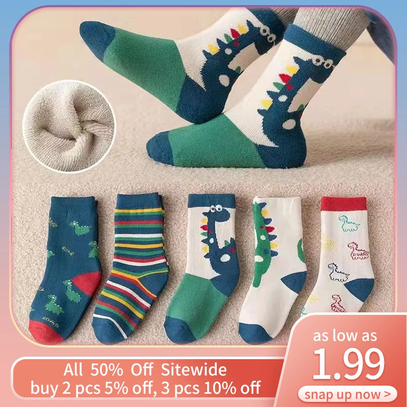 

5Pair Winter Kids Plush Socks Cartoon Dinosaur Children Mid-Tube Sock Thicken Baby Thermal Footwear 1-5Year Boys Girls Warm Sock