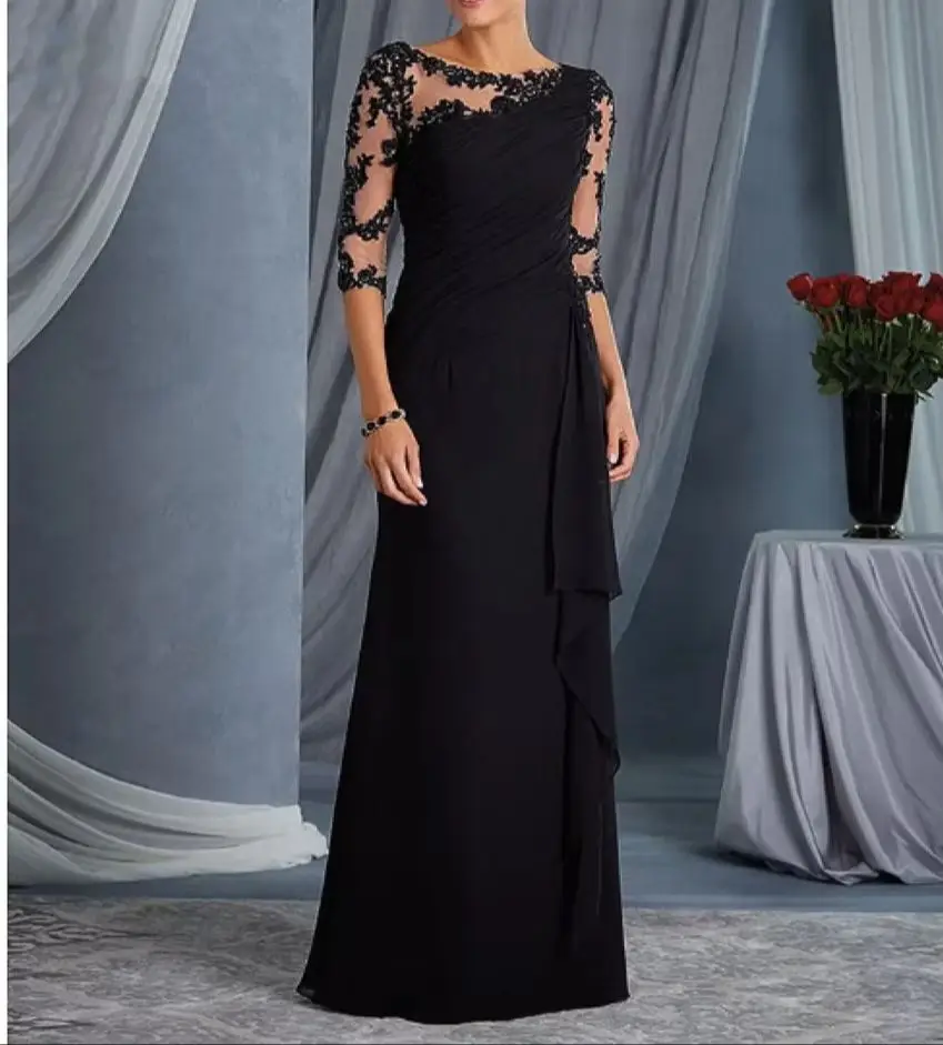

Chiffon Wedding Formal Party Guests Mother Prom Dresses Plus Size Blue Burgundy Mother of the Bride Dress 3/4 Sleeves Appliques