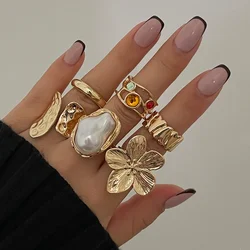 LATS Gold Color Flower Crystal Baroque Pearl Open Ring for Women Fashion Rings Set Engagement Party Gift Temperament Jewelry
