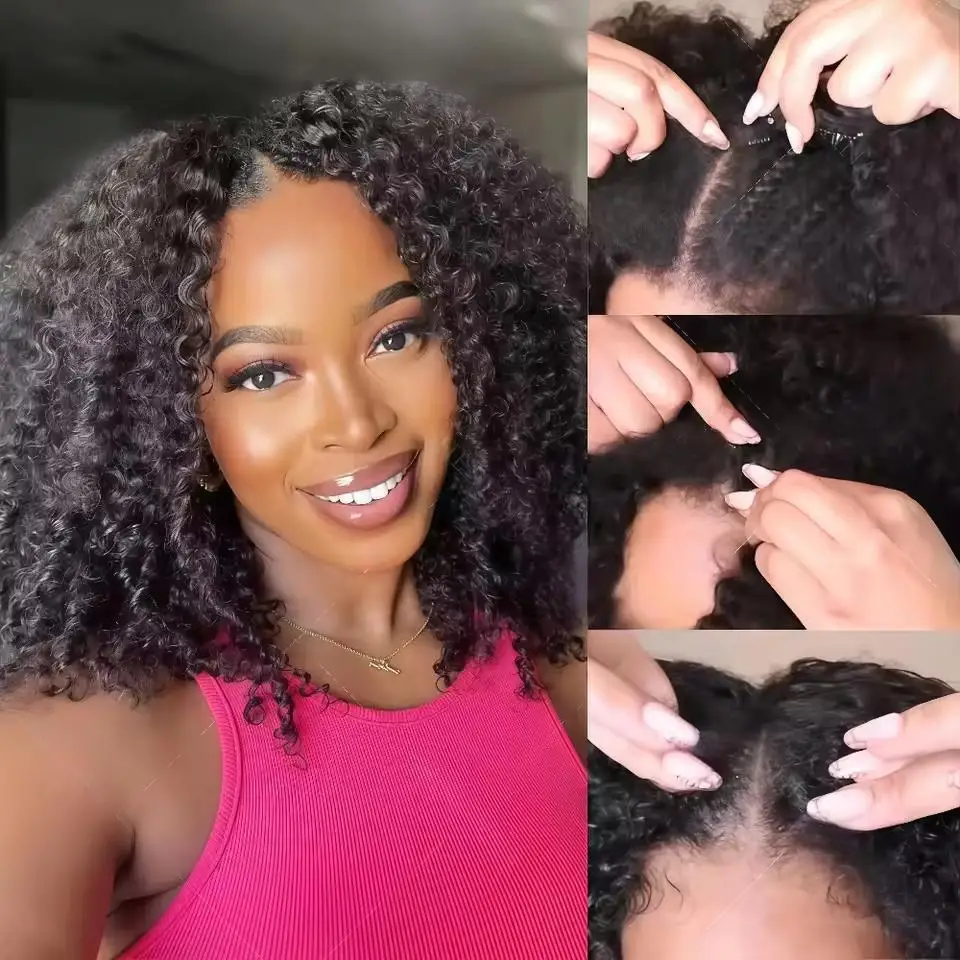 V Part Human Hair Wigs Kinky Curly Wig 220% Density Upgrade Machine 3 IN 1 Half Wig With Drawstring Seamless Clip Ins Flip Over for Summer