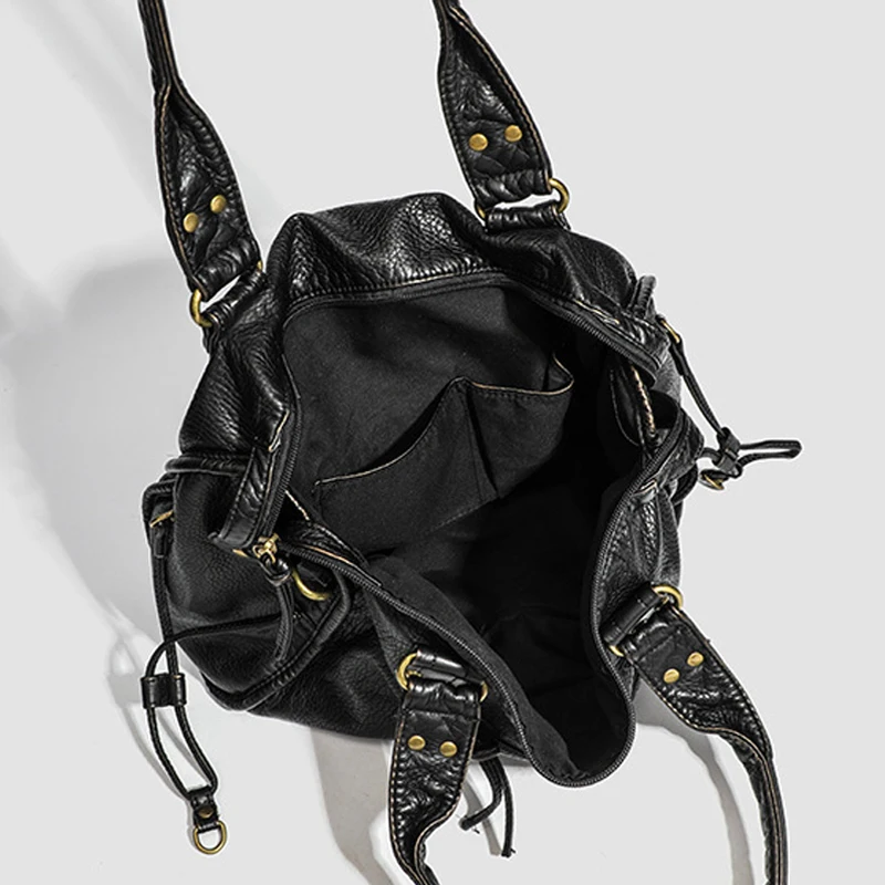 SHELKSBAG Y2k موضة الشارع دراجة نارية الكتف حقائب كروسبودي المرأة مدينة حمل حقيبة خمر غسلها بولي Leather حقيبة يد جلدية كبيرة #4