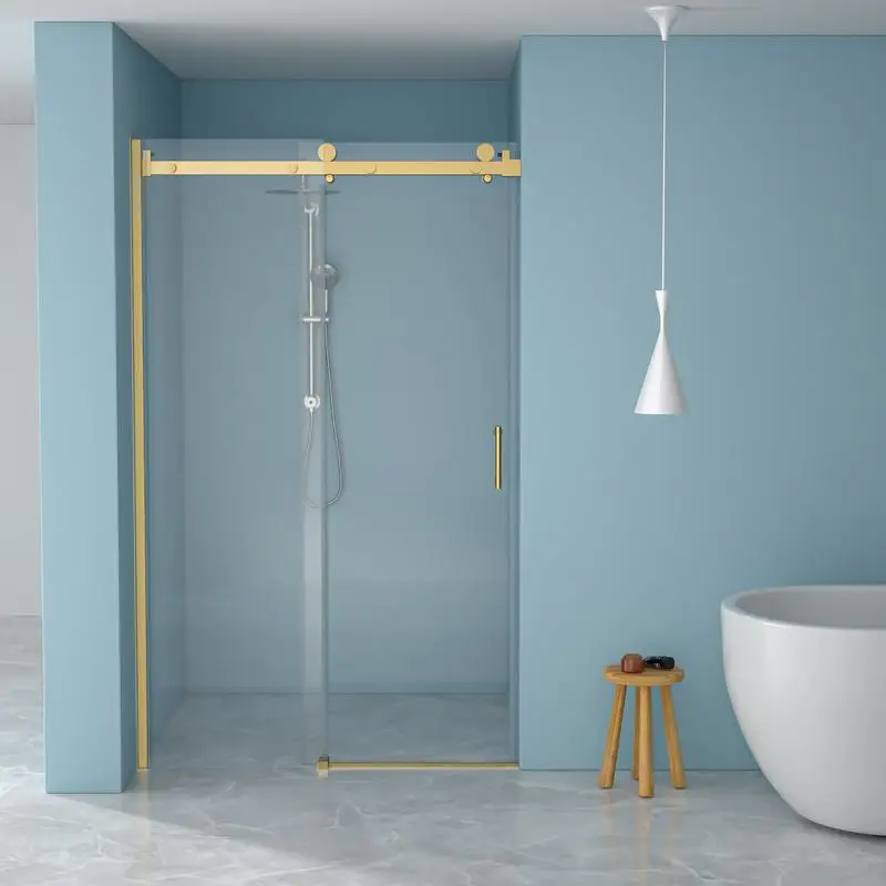 

48" W x 76" H Single-Slide Shower Door - 8mm Tempered Glass, 304 Stainless Steel Frame, Gold Finish