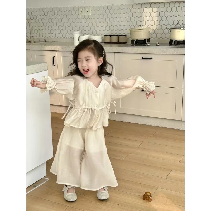 Girls Suit Summer New Korean Fashion Solid Color Thin Lace Shirt Wide Leg Pants Two Piece Set Girls Clothes