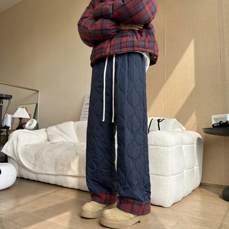 Winter Thick Pants Men Warm Fashion Casual Straight Pants Men Streetwear Loose Thicken Plaid Pants Mens Waterproof Trousers