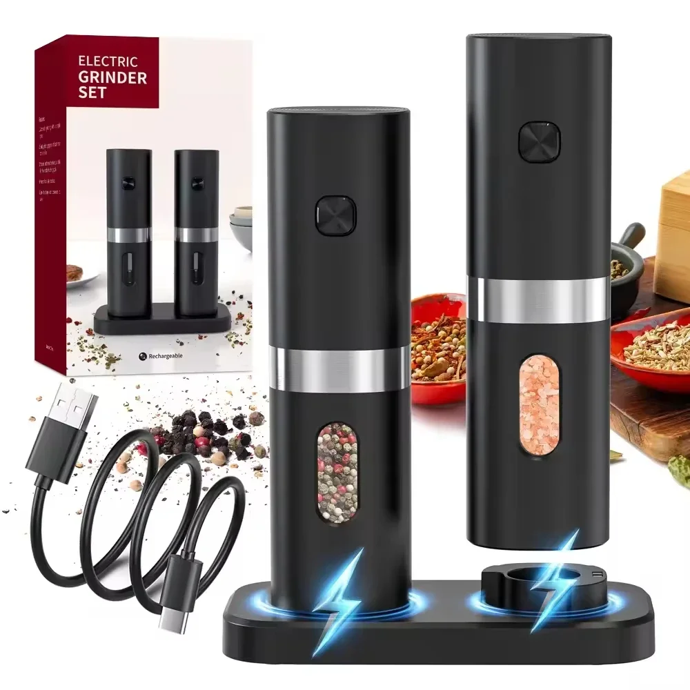 Rechargeable Electric Salt and Pepper Grinder Set USB Spice Salt Pepper Mills With LED Light Adjustable Coarseness Base-Charging