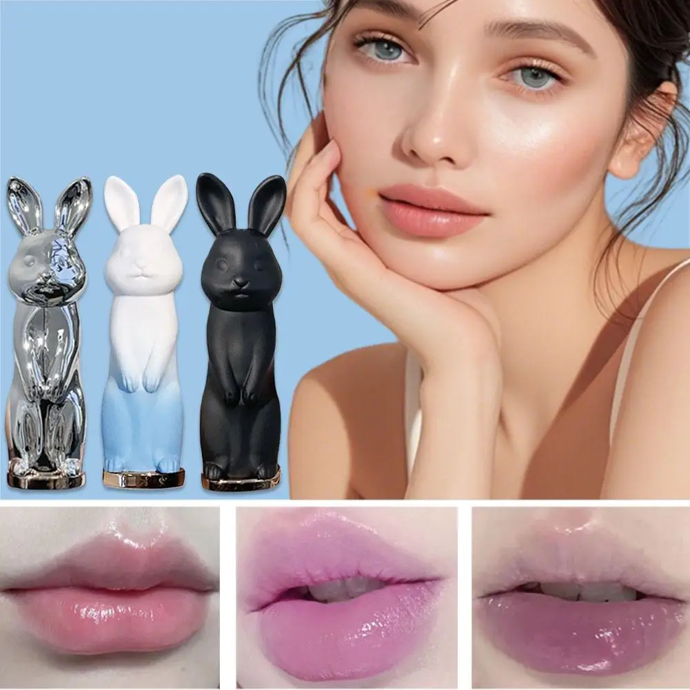 Bálsamo labial negro de conejo, brillo sin sequedad, tinte de labios transparente de melocotón, lápiz labial hidratante, Base de maquillaje para niñas