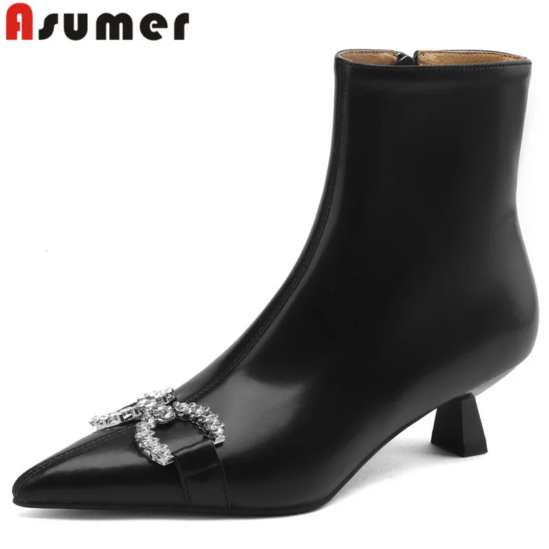 

ASUMER 2024 Size 32-47 New Sexy Ladies Rhinestone Winter Boots Genuine Leather Pointed Toe Ankle Boots Thin Med Heels Shoes