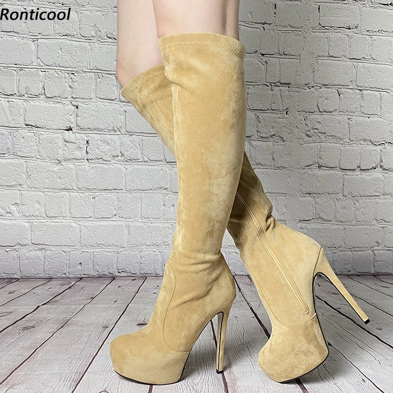 Ronticool 2021 Handmade Women Spring Knee Boots Hidden Waterproof Stiletto Heels Round Toe Beautiful Camel Shoes US Size 5-20