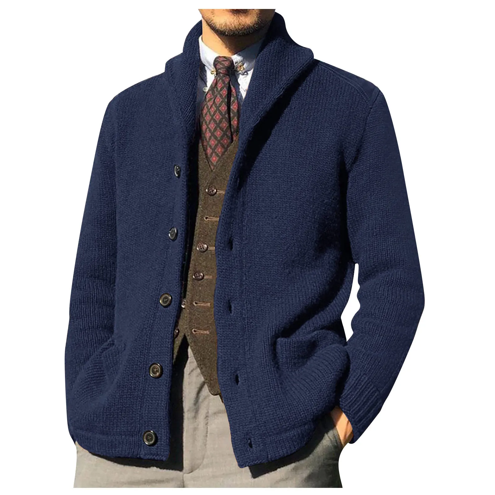 Cardigan da uomo Scialle casual Manica lunga Bottoni solidi Maglione lavorato a maglia Dolcevita tinta unita Felpa in lana Uomo Inverno all'aperto