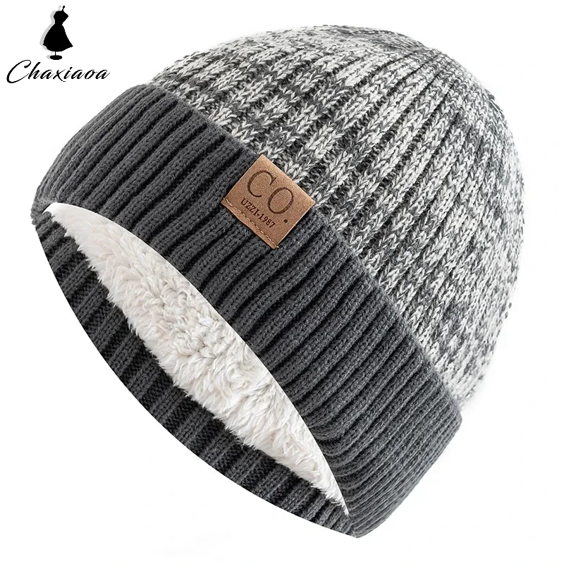 Ear Beanie with Fleece Unisex Two-tone Winter Hats Add Fur Lined Men And Women Warm Beanie Cap Casual Winter Knitted Hats