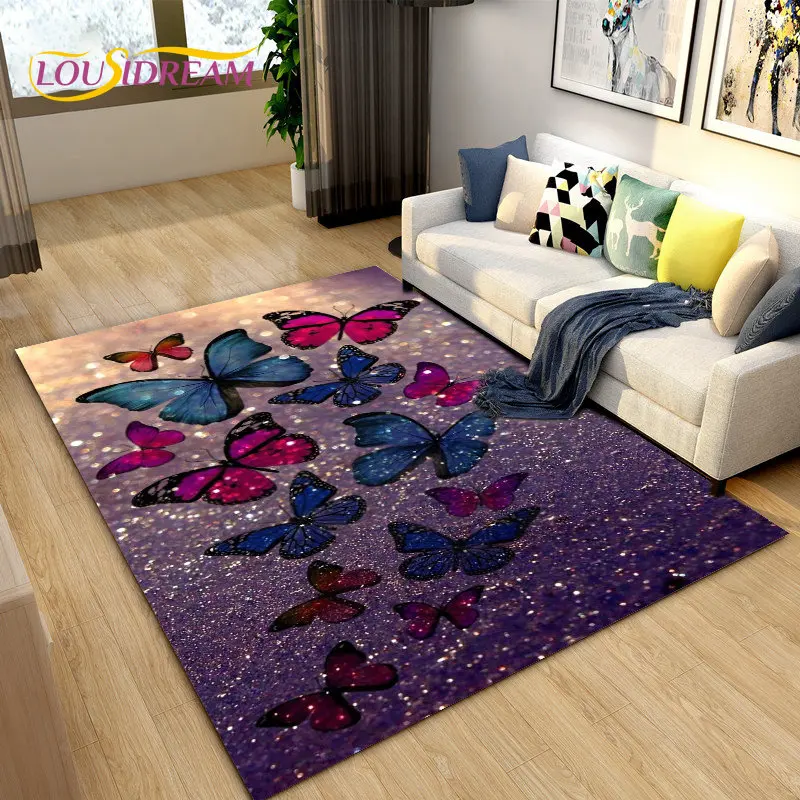 3D Colorful Butterfly Flower Area Rug,Carpet Rug for Living Room Bedroom Sofa Yoga,Kitchen Bathroom Doormat Non-slip Floor Mat