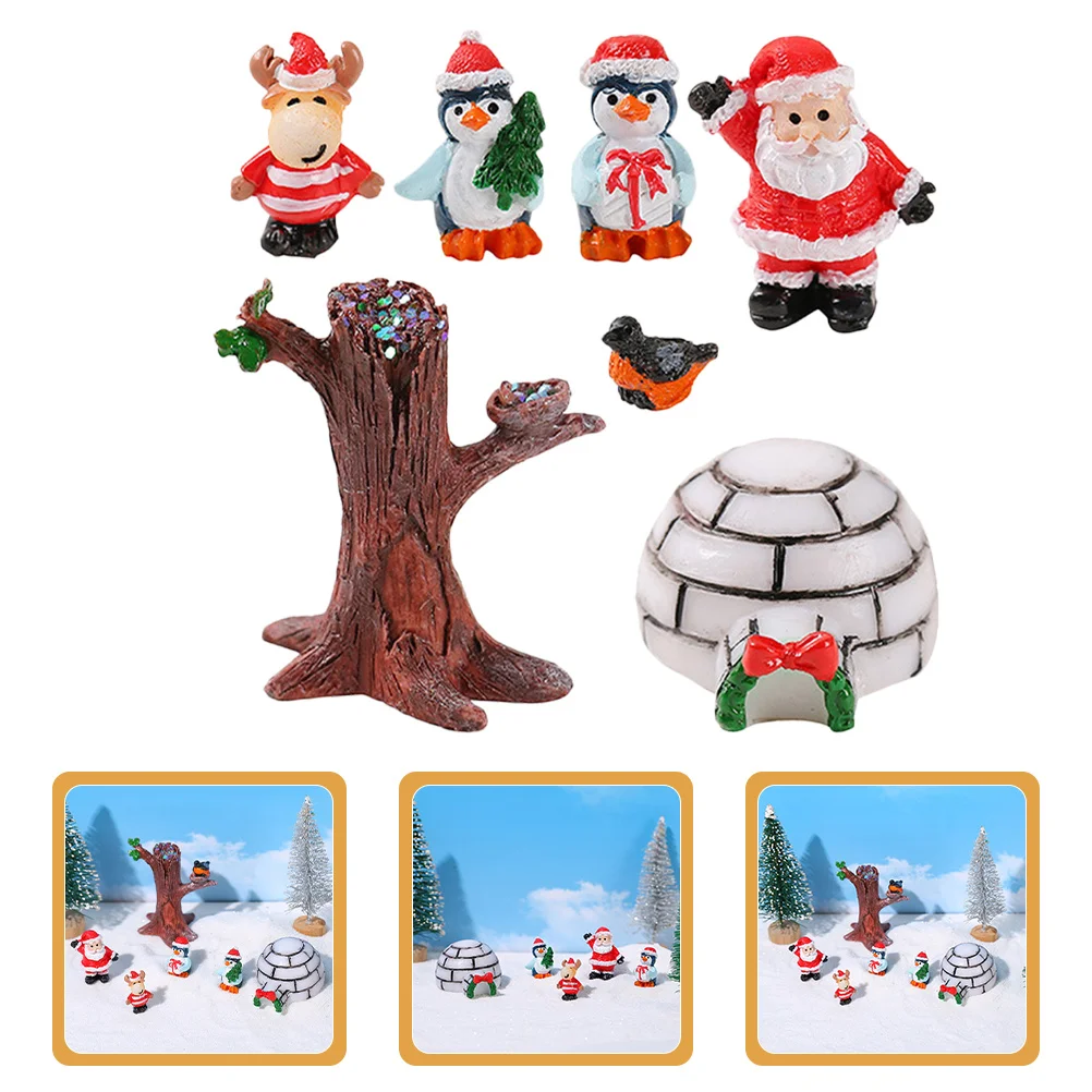 

1Set Miniature Christmas Decorations Resin Santa Claus Penguin Reindeer Micro Landscape Ornaments Holiday Home Decor Snow Scene