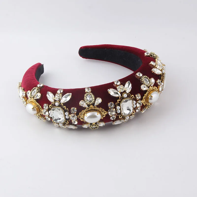 Luxury Baroque Full Rhinestone Headband Accessories Women Hand-sewn Colored Rhinestone Flower Broad-brimmed Color Headband 362