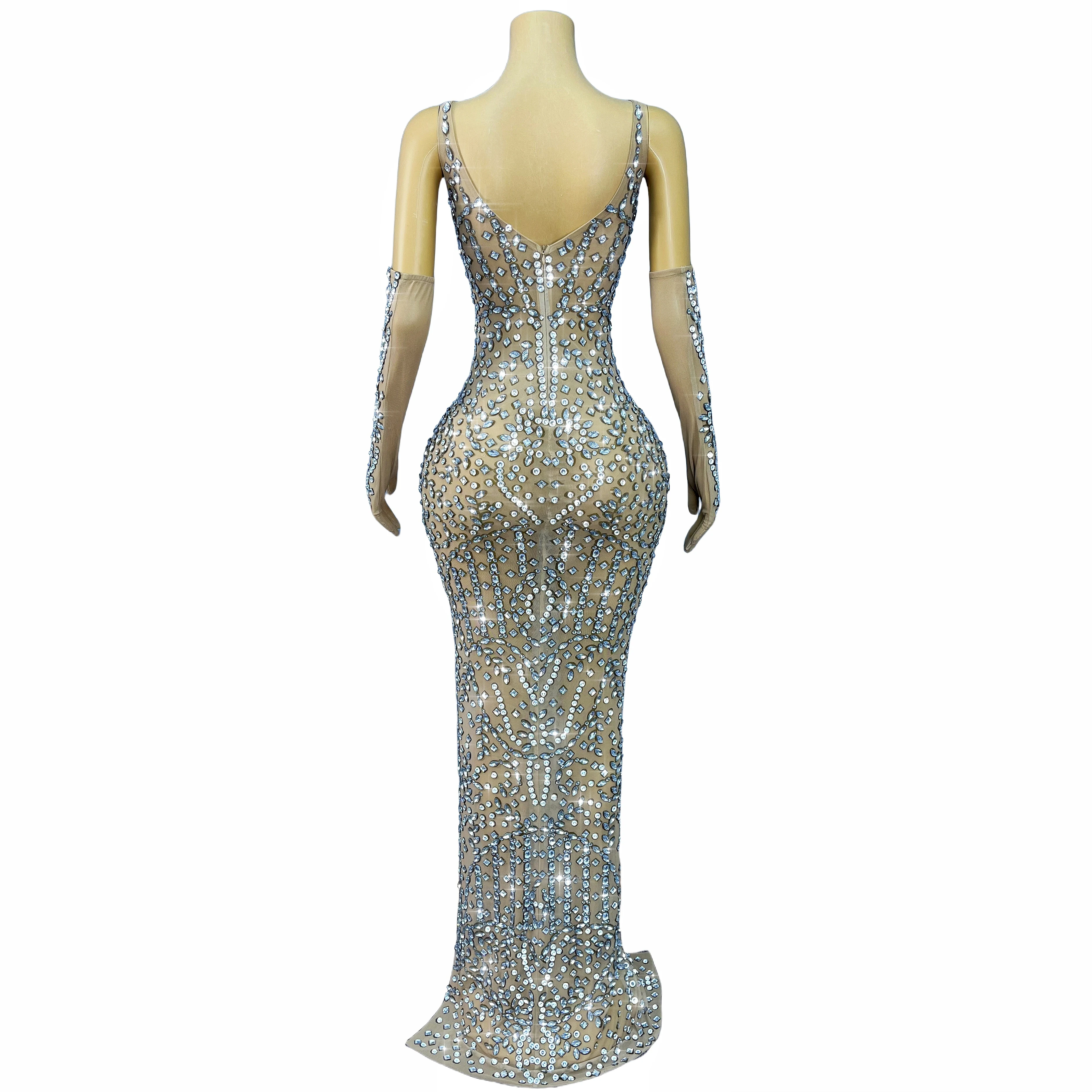 Elegancka suknia wieczorowa z wysokim rozcięciem, zdobiona wysokiej jakości błyszczącymi cyrkoniami, na ramiączkach, z rękawiczkami, strój na pokaz mody, suknia Xingyunzuan