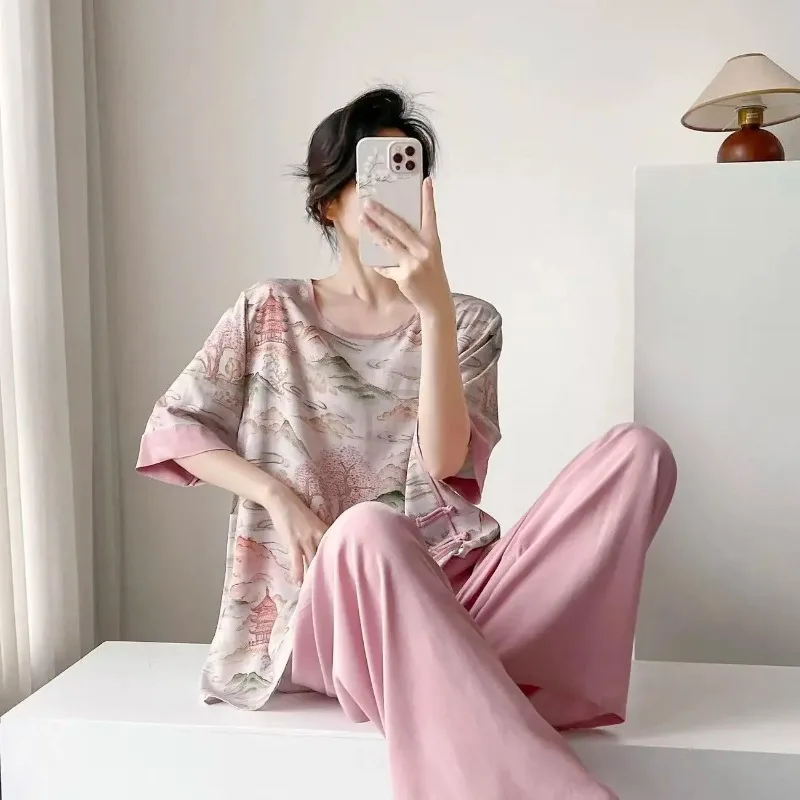 Women's New Chinese Style Cotton Pajama Set Retro Print Thin Loungewear Homewear