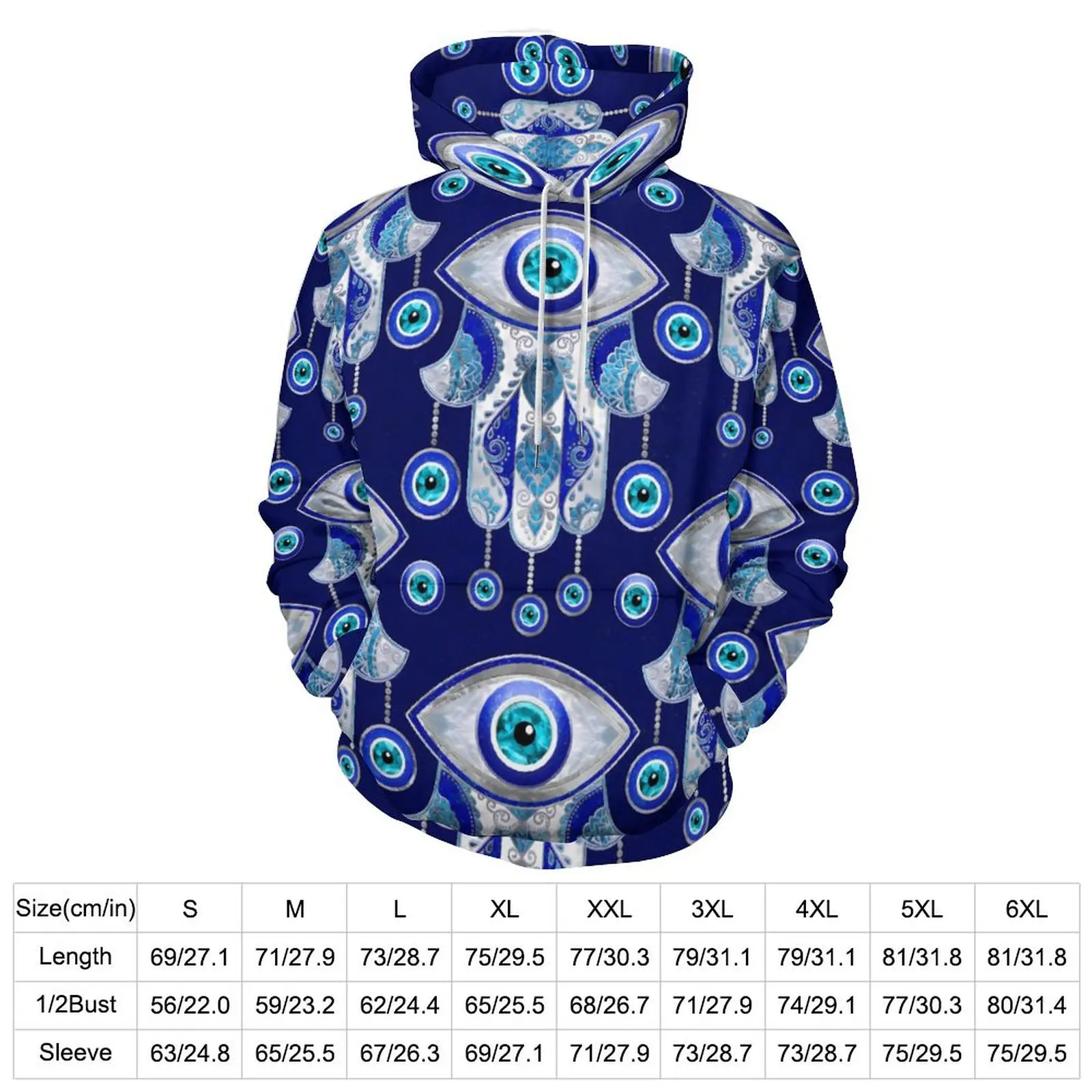 Evil Eye Loose Hoodies Hamsa Hand Classic Pullover Hoodie Male Long Sleeve Y2k Design Hooded Sweatshirts Large Size 5XL 6XL