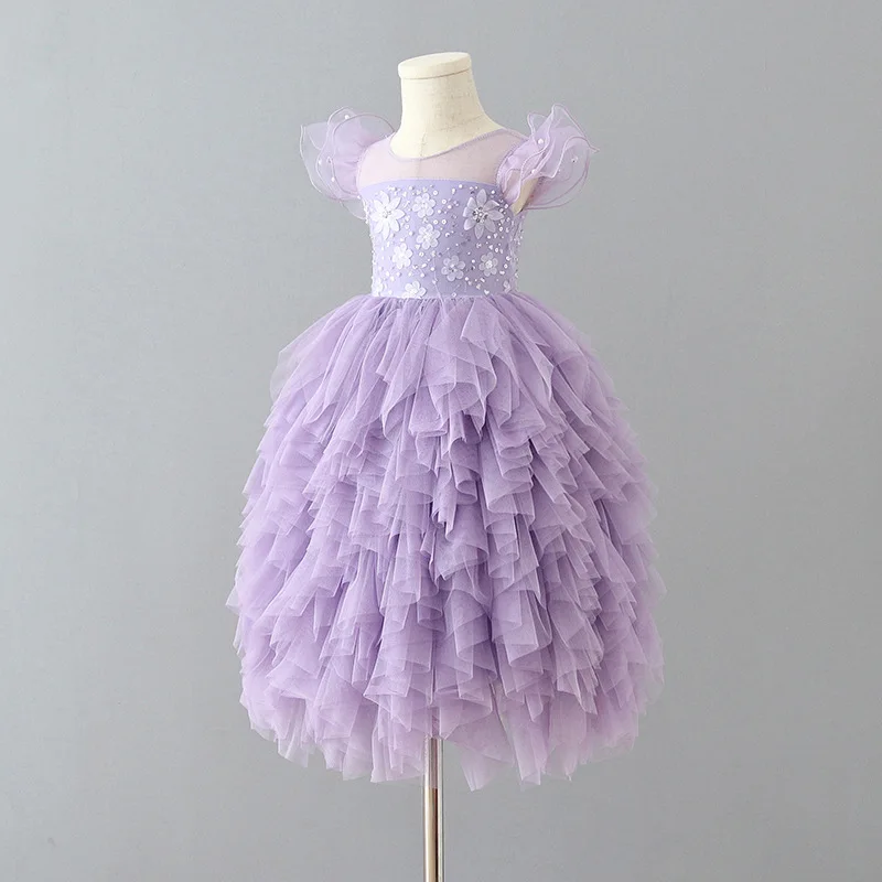 Girls Summer Tutu Dress Baby Girls Lace Princess Outfit Toddlers Purple Mesh Applique Flying Sleeve Party Clothing Layered Dress