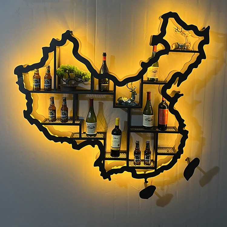 !@Wall-Mounted Bookshelf Wine Cabinet Wrought Iron Bar Shining Showcases Metal Bookshelves Wine Racks Displays China