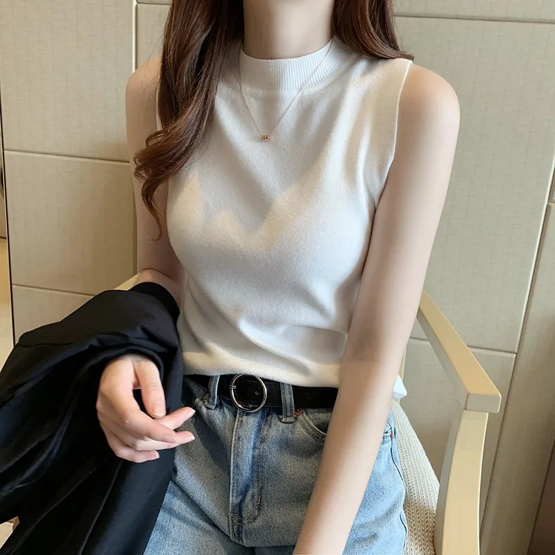 New Women\'s Solid Color Top Temperament High-Grade Sense With Knitted Sweater Bottom Shirt Halter Vest Short Sleeveless