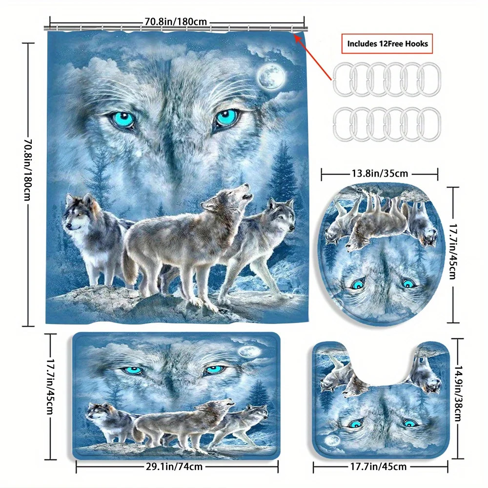 4pcs Wolf King Wolf Pack Bath Curtain Set - Shower Curtains with Waterproof, Modern Design, 12 Hooks, and 3-Piece Toilet Floor