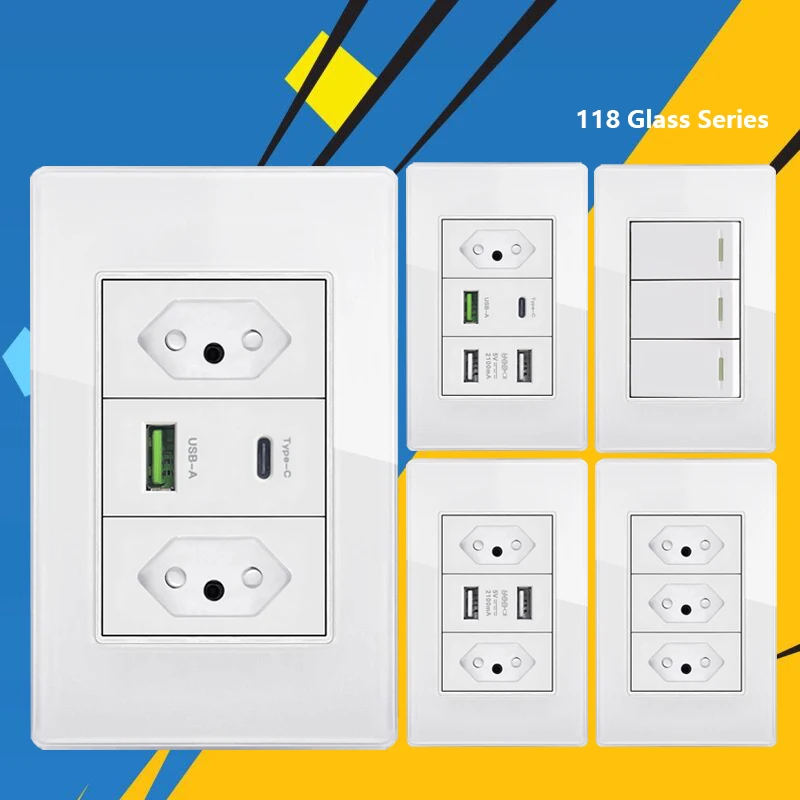 

Brazil Power Outlet with Smart Usb Type C 20W, White Brazil Socket Plug Fast Charging Wall USB Type-c Glass Light Switch Panel