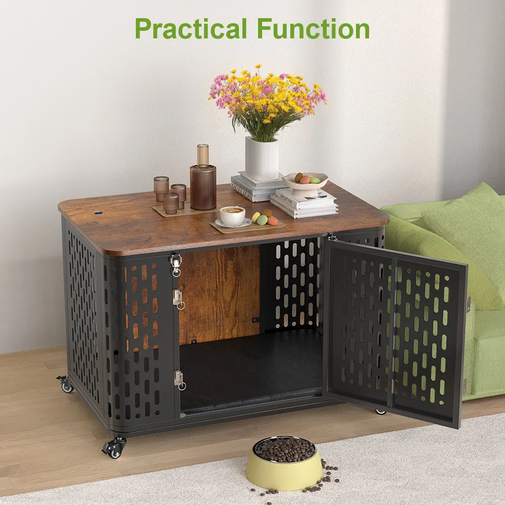 Dog Crate Pet Furniture with Cushion Wood Dog Kennel with Flexible Wheels Multi-Purpose Dog Cage for Large Small Medium Dogs