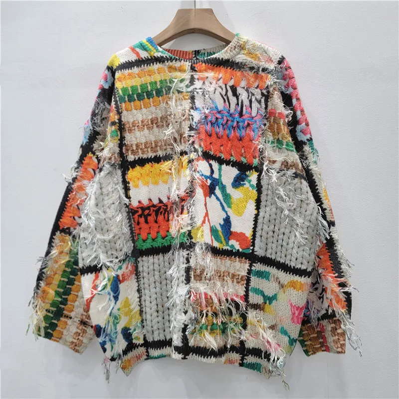 

SuperAen European and American Style Printed Contrast Color Knitted Pullover Women's Loose O-neck Tassel Fashion Sweaters