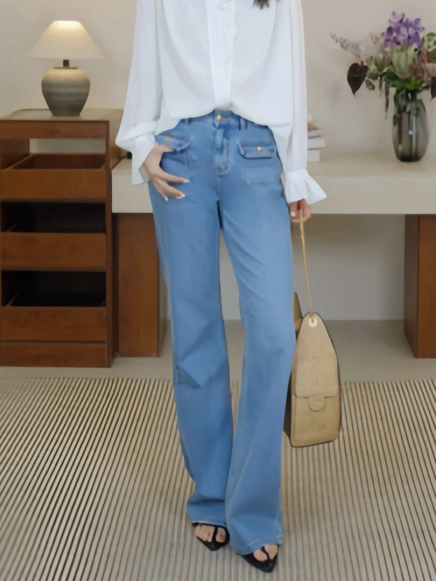 

Nana High Waist Bell Bottom Jeans Women's New Style Spring Slim Straight Drapey Long Pants Casual Cotton Zipper Pure Color