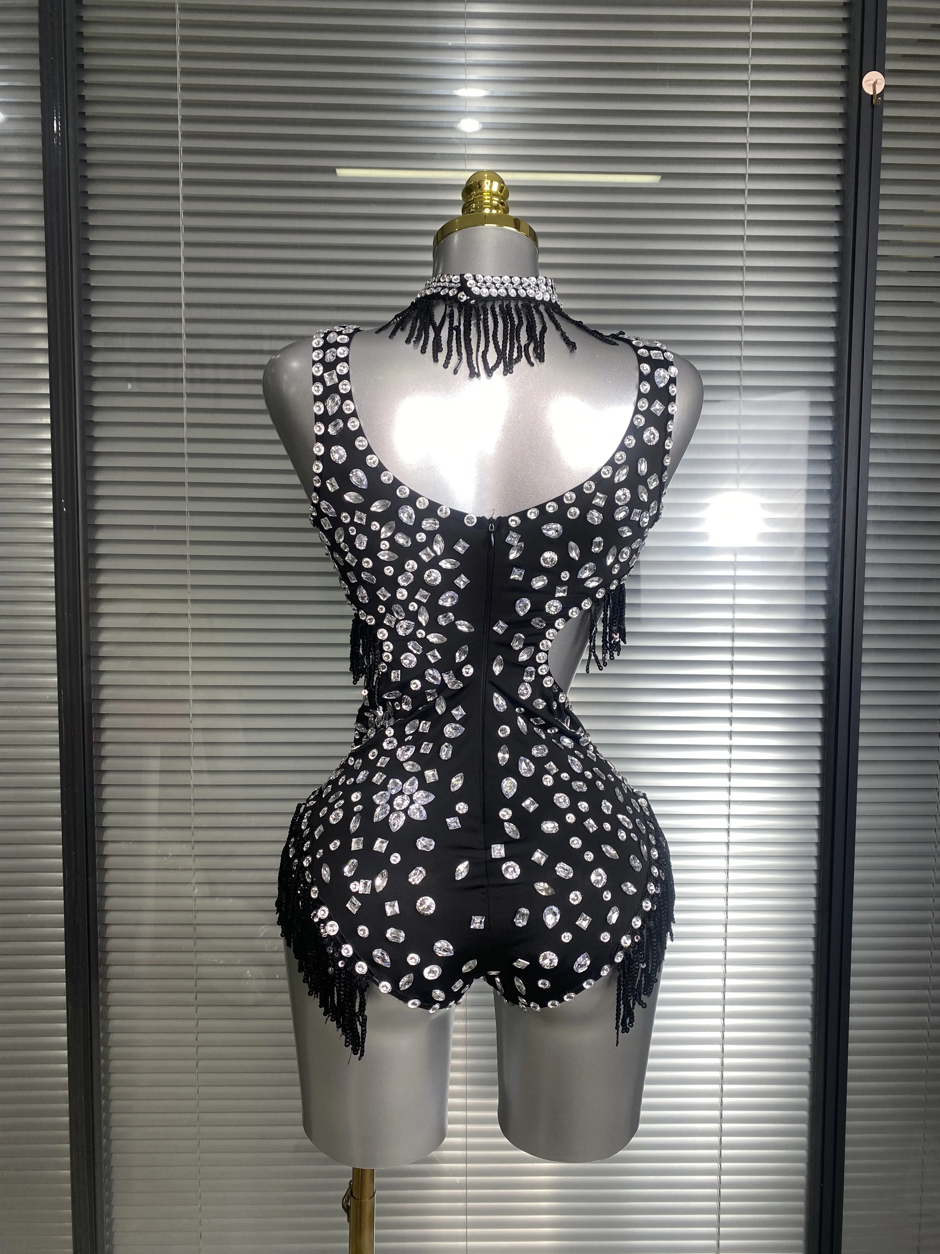 Sparkly Rhinestone Fringe Bodysuit Women Sleeveless Sexy Backless One Piece Stage Performance Costume