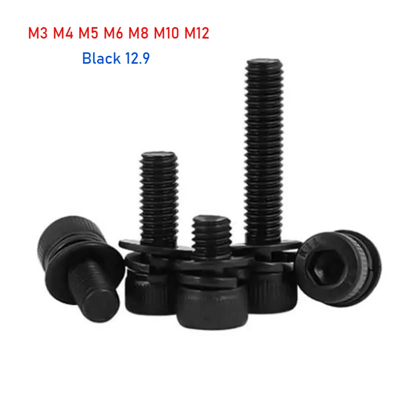 Black 12.9 Hexagon Socket Head Cap Screws With Cup Head Combination Bolts Cylindrical Head Screws M3 M4 M5 M6 M8 M10 M12