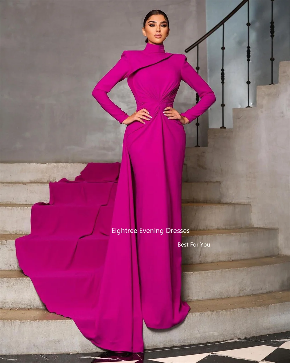 Eightree Fuchsia Vintage Evening Dresses Mermaid Long Sleeves High Neck Vestidos De Gala 2023 Vestidos Para Eventos Especiales