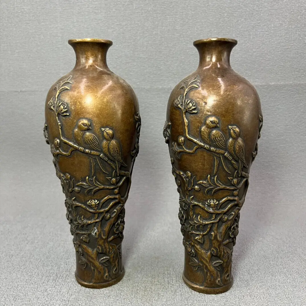 Collect pure copper bronze hand made flower bird pattern prunus vase pair