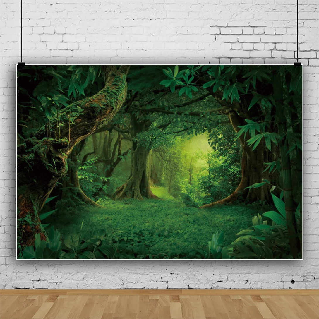 Laeacco Green Forest Backdrop Mysterious Jungle Rainforest Natural Scenery Baby Shower Birthday Portrait Photography Background