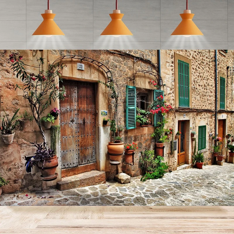 Street Scene Photography Backdrop Old Mediterranean Towns European Building Streetscape Background Party Backdrop Wall Banner