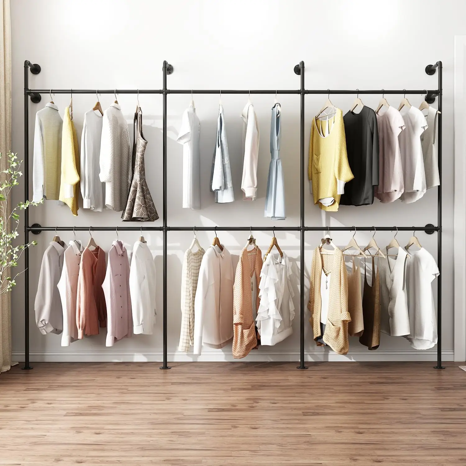 3 Pack Black Industrial Pipe Wall Mounted Clothing Rack, Heavy-Duty Double Rod Metal Garment Rack, Space-Saving Hanging Apparel Display Organizer for Retail & Home Use