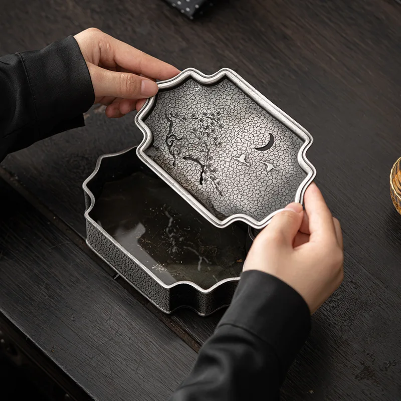 Antique Style Tin Alloy Teapot Tray, Water Storage Dry Brewing Tea Table with Hollow Carving, Chinese Zen Tea Serving Tray