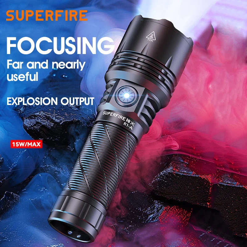 SUPERFIRE R1-A Rechargeable Flashlight LED Type-C Torch High Power 15W Portable 1800Lm 26650 Camping Fishing Hunting Lantern