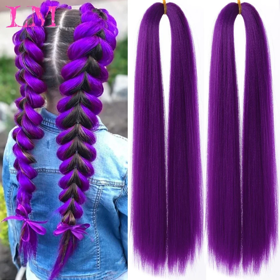 LM 14inch Purple Braiding Hair Extensions Pre Stretched Soft Yaki Synthetic Jumbo Braids DIY Ponytail Braid