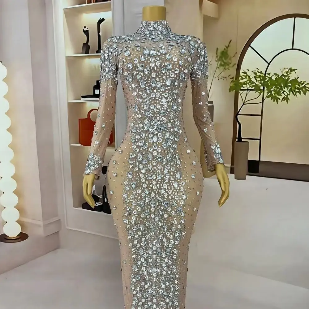 

Women High-quality Luxury Crystals Evening Gown Birthday Party Queen Long Dress Elastic Sparkly Sexy Evening Dress Scuichangqun